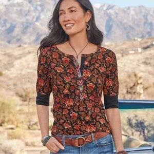 Sundance Cordelia Bloom Floral Print Embroidered Thermal Henley Top - L